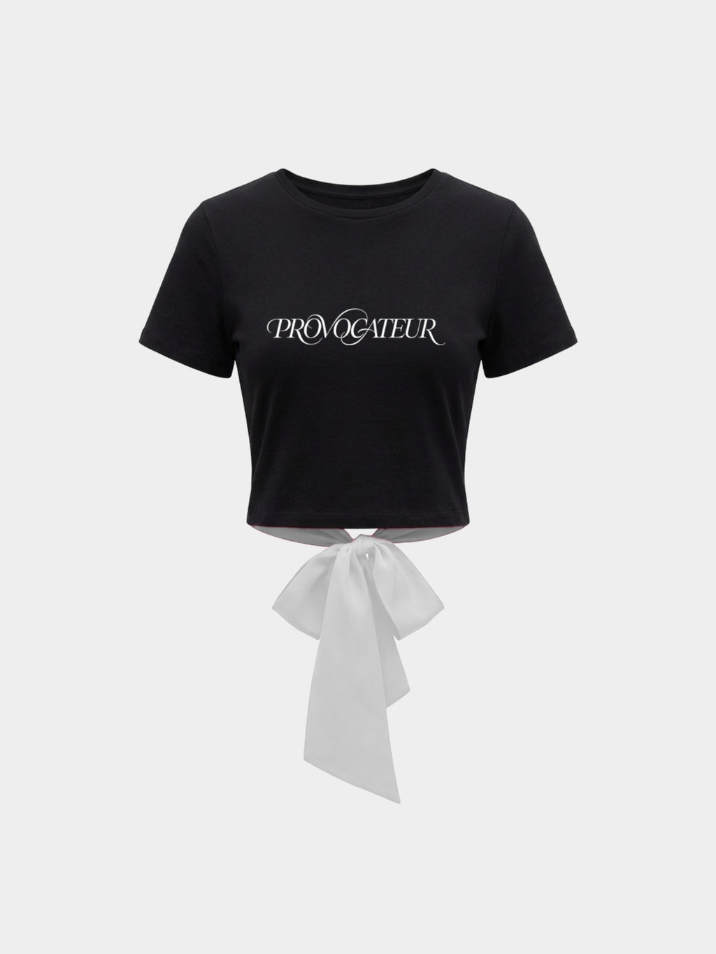 PROVOCATEUR Le Dos Nu - Glitter Noir - Glitter Noir PROVOCATEUR black fitted graphic top with bow closure worn by model, editorial fashion"