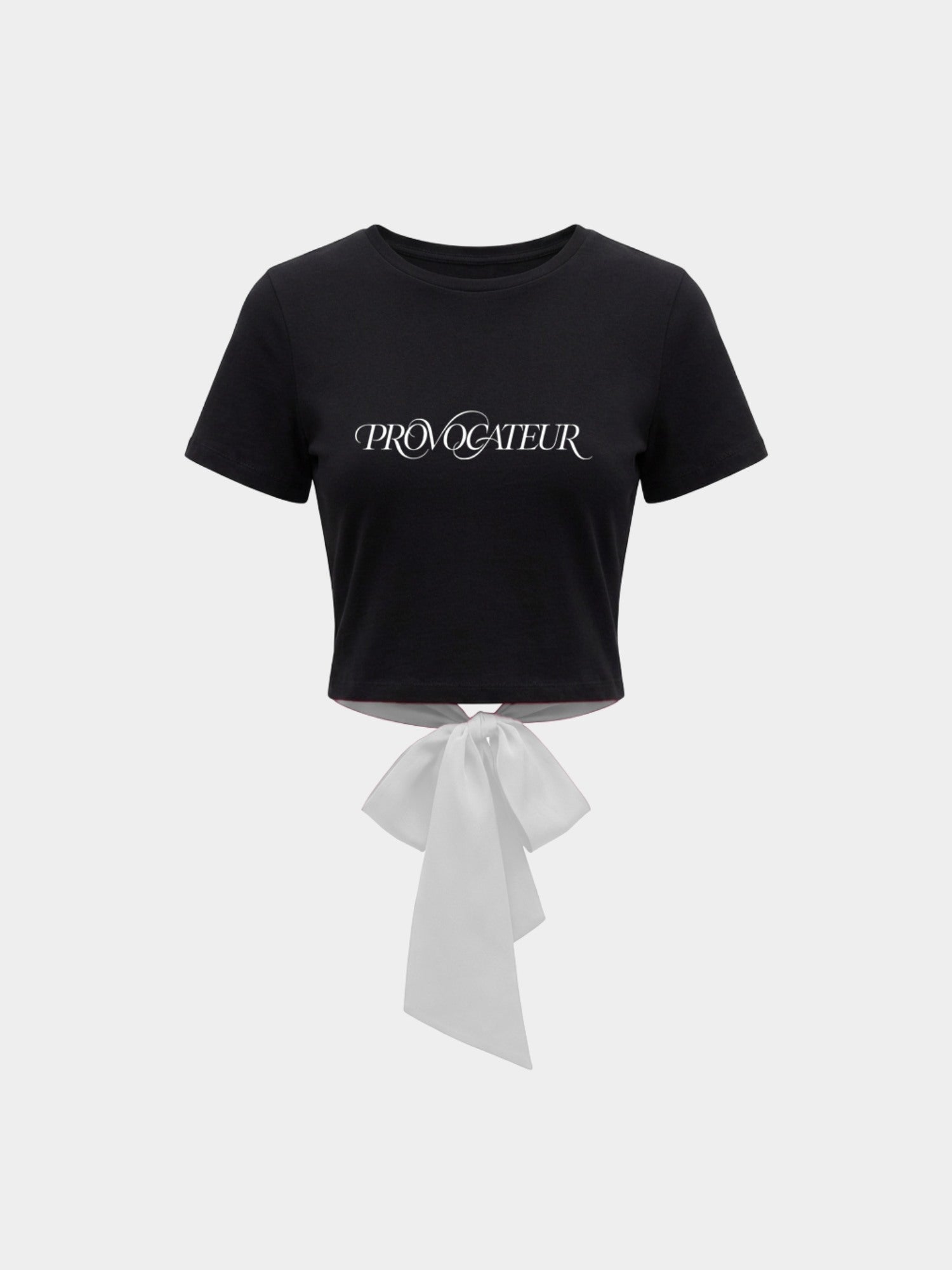 PROVOCATEUR Le Dos Nu - Glitter Noir - Glitter Noir PROVOCATEUR black fitted graphic top with bow closure worn by model, editorial fashion"