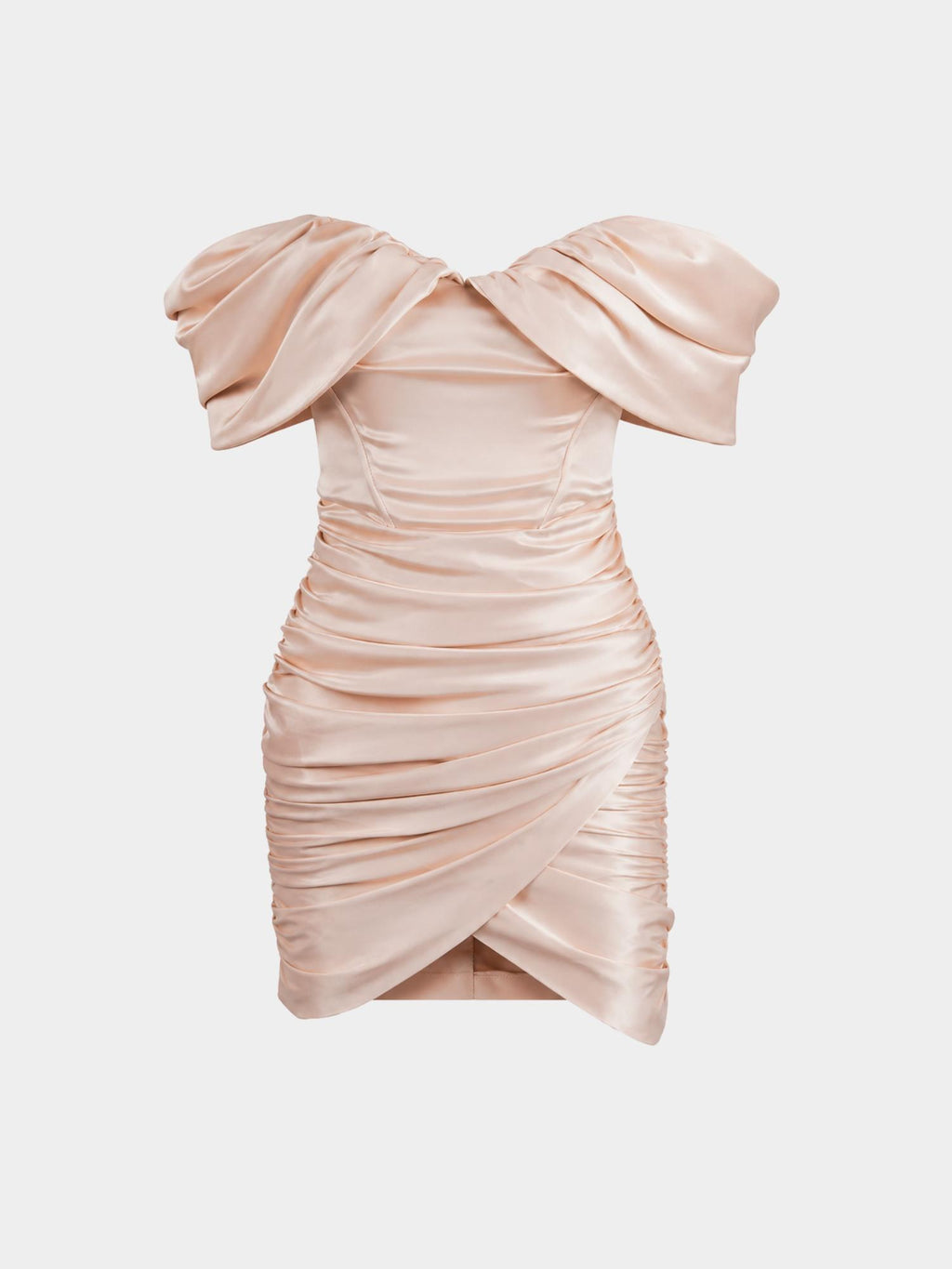 
Blush champagne polyester satin off-shoulder mini dress with sculptural draped sleeves, boned corset bodice, full-length horizontal ruching, and asymmetric wrap hem. Ghost image on white background.