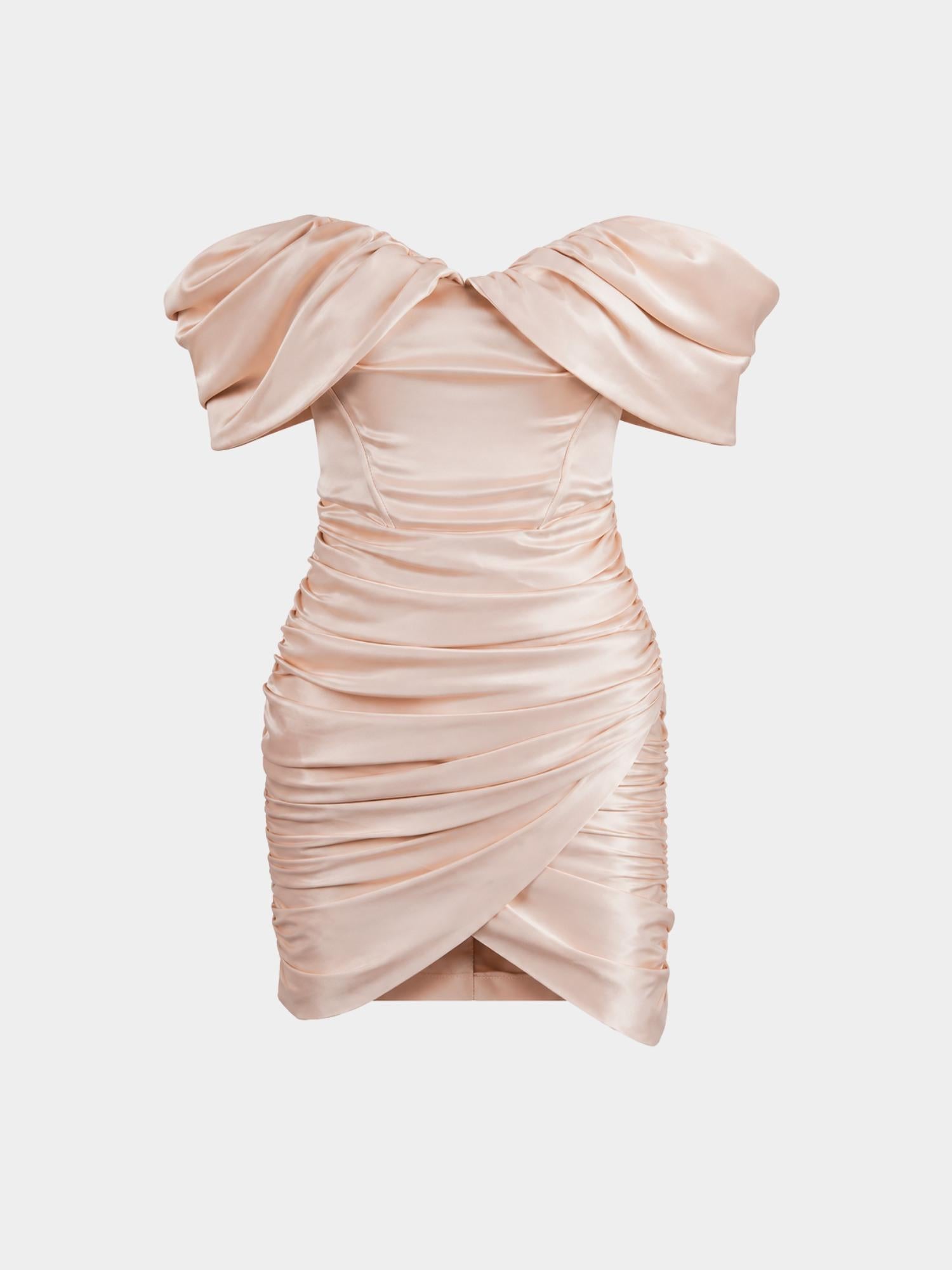 
Blush champagne polyester satin off-shoulder mini dress with sculptural draped sleeves, boned corset bodice, full-length horizontal ruching, and asymmetric wrap hem. Ghost image on white background.