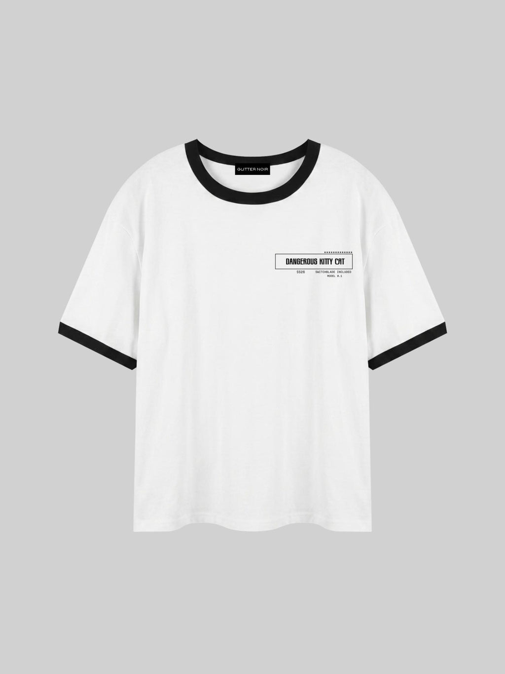 White t-shirt with black accents on a gray background