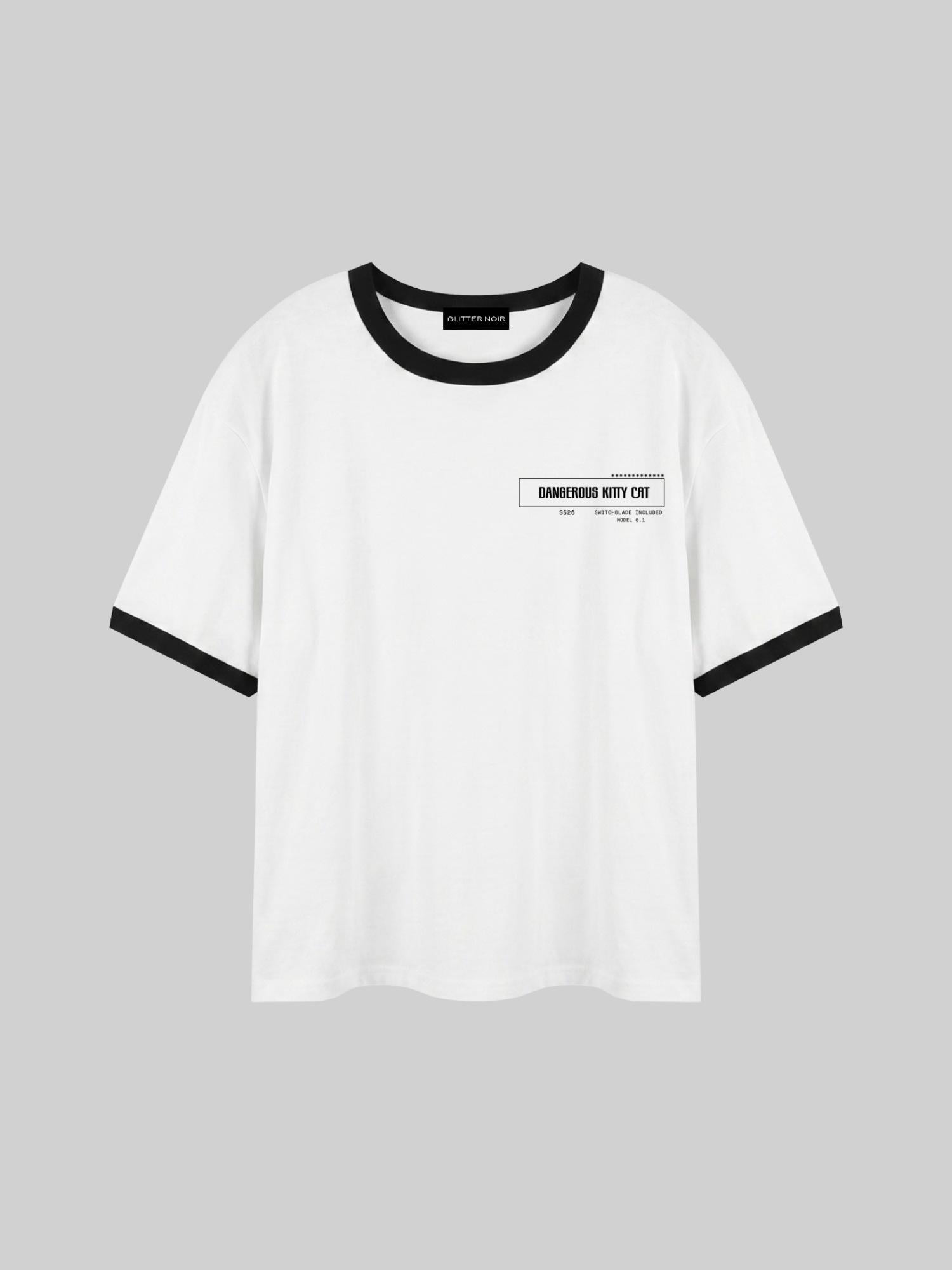 White t-shirt with black accents on a gray background