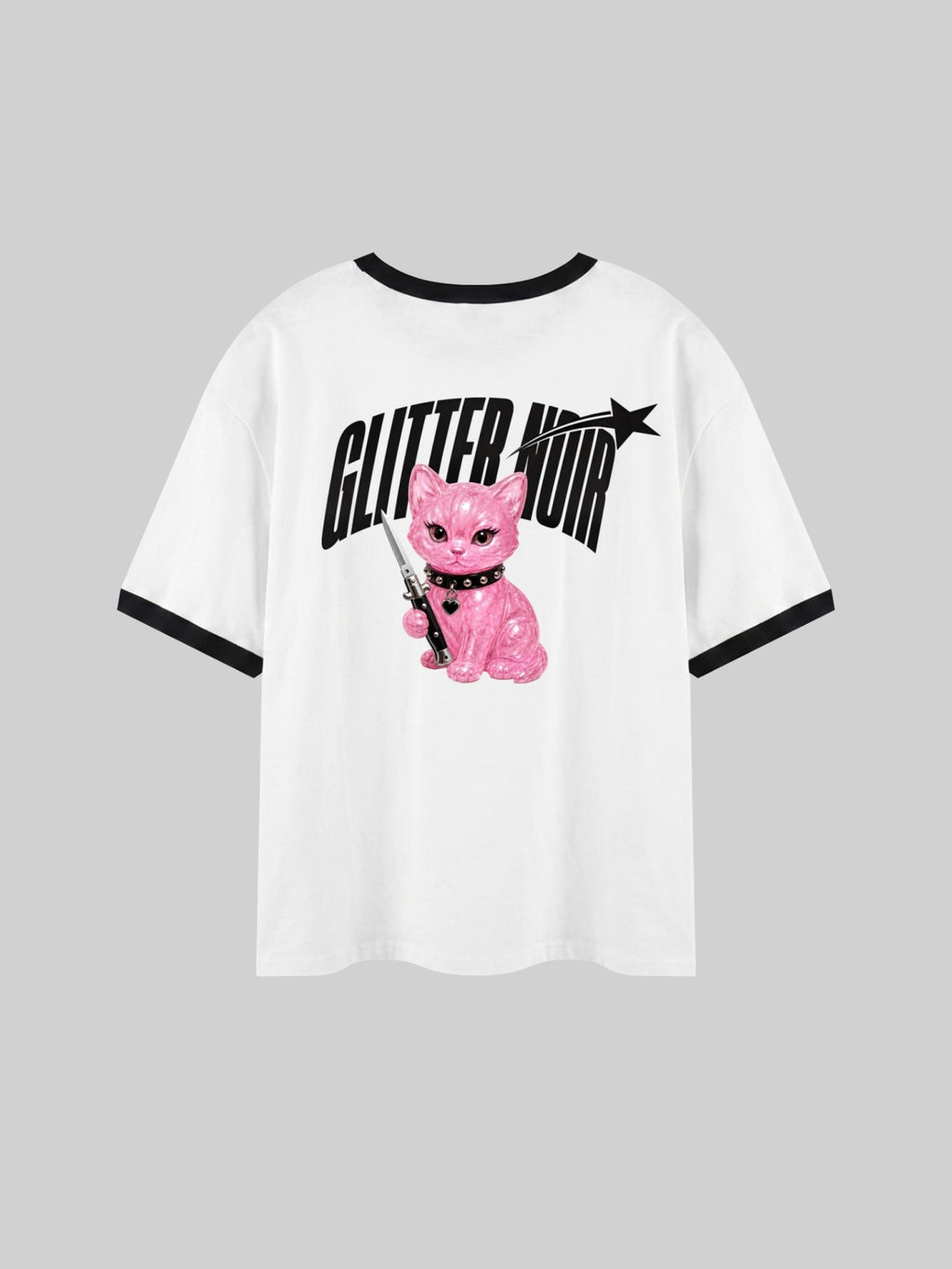 White t-shirt with pink glitter cat graphic and 'Glitter Hot' text on a gray background