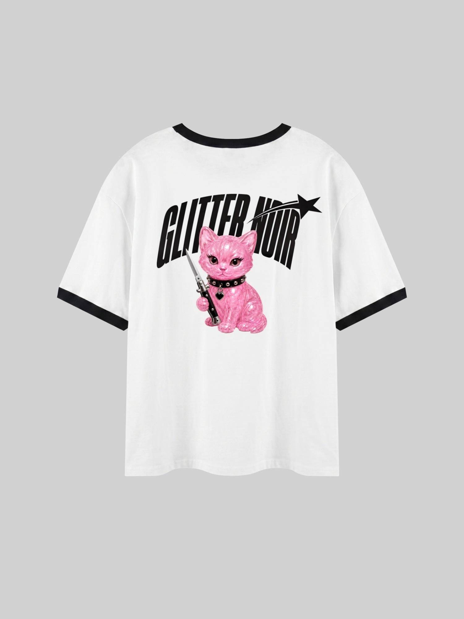 White t-shirt with pink glitter cat graphic and 'Glitter Hot' text on a gray background