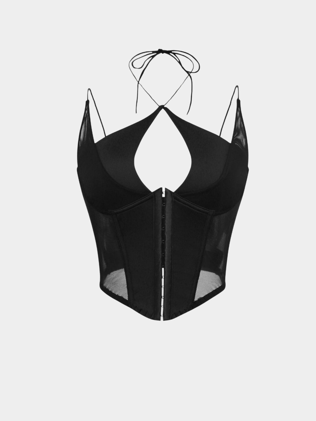 Temptation Corset Top - Glitter Noir, sheet meshed panel corset, hook closure, neck straps