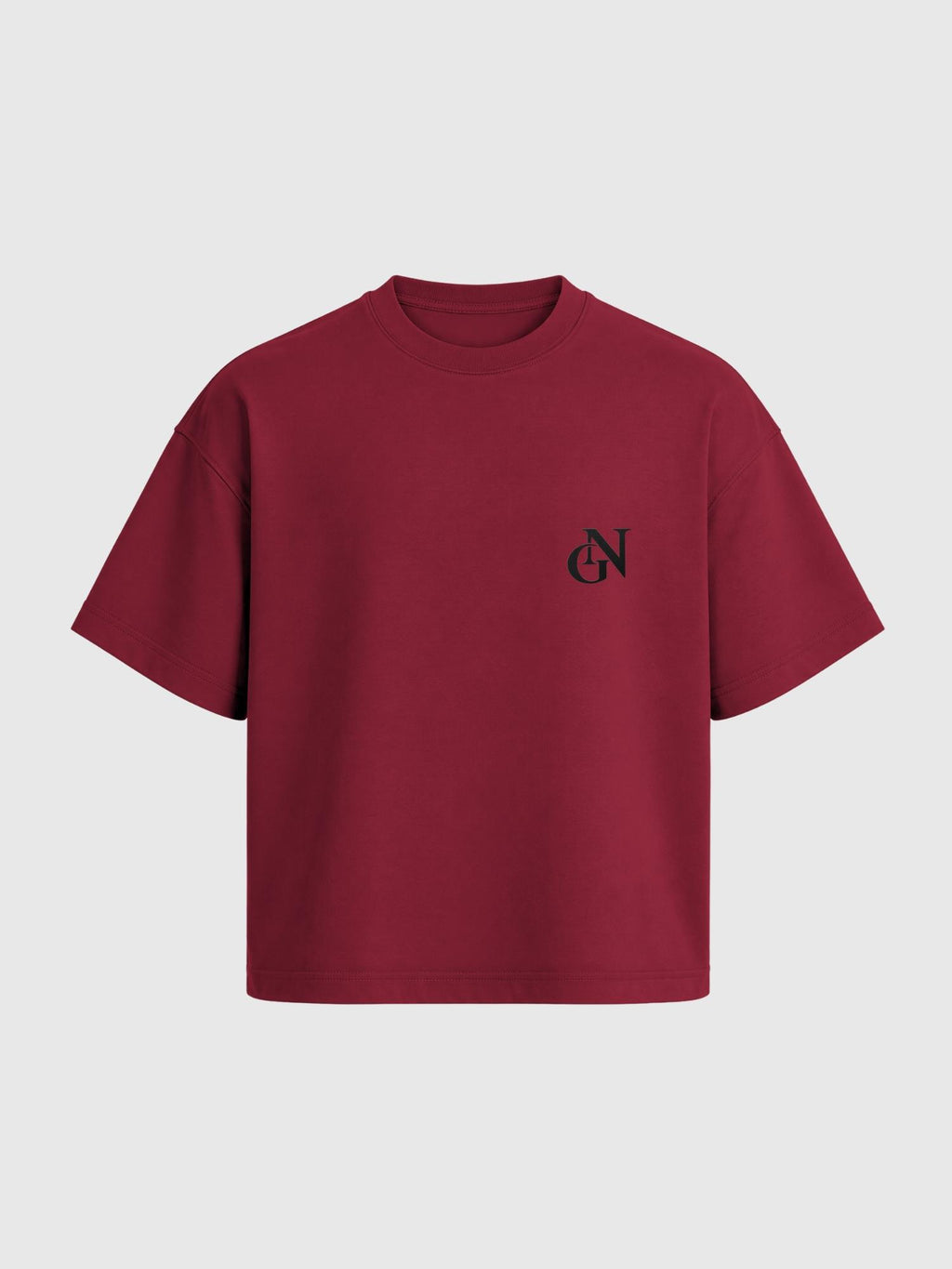 Hot Red — Red boxy cotton T-shirt, front view with a matte black GN chest monogram.