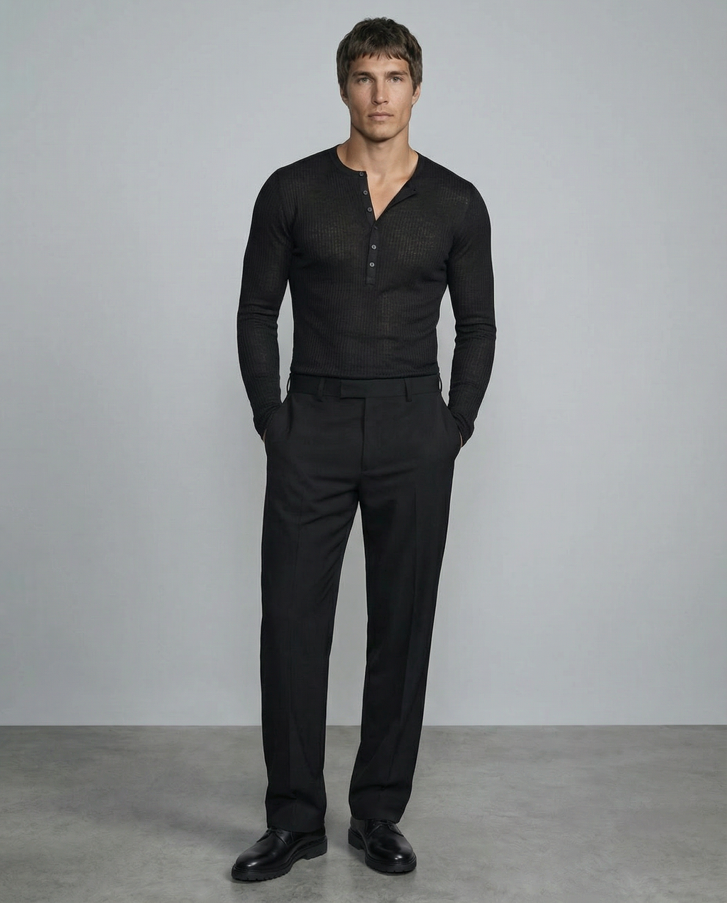 Sheer Form Ribbed Henley - Glitter Noir