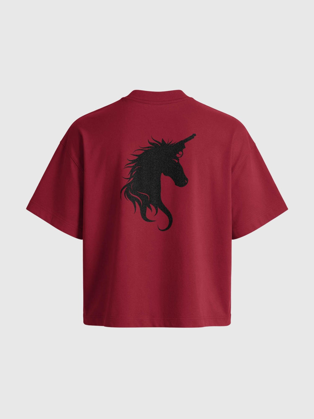 Hot Red — Red boxy cotton T-shirt, back view with a black glitter unicorn emblem.